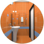 Glasbild Modernes Badezimmer In Orange Mit Blauen Fliesen Throughout Glasbilder Für Badezimmer