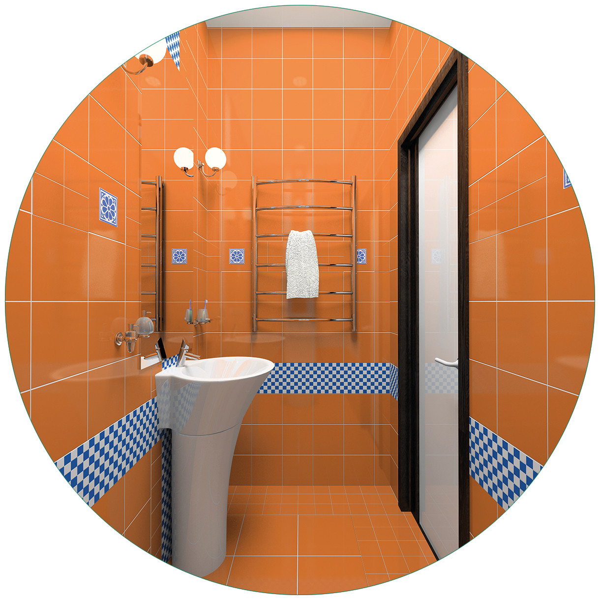 Glasbild Modernes Badezimmer In Orange Mit Blauen Fliesen throughout Glasbilder Für Badezimmer