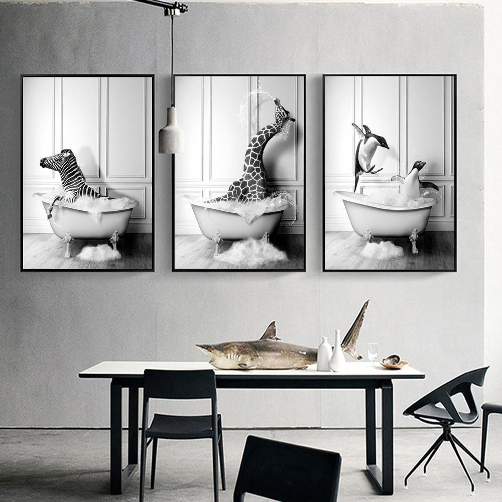 Neue Retro Kunst Badezimmer Tier Leinwand Malerei Schöne Pinguin Elefant  Zebra Giraffe Badezimmer Wand Kunst Poster Hause Dekoration Wandbild Kein throughout Badezimmer Poster